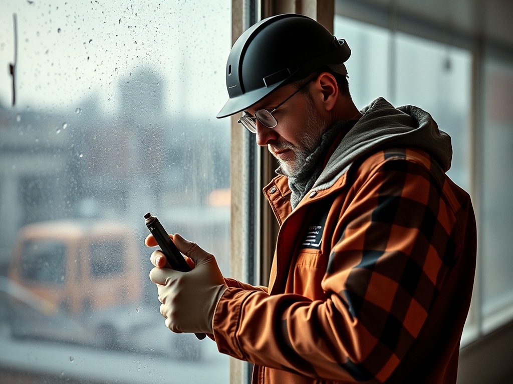 Рабочий в каске смотрит на телефон у окна, за которым идет дождь. В помещении серый и gloomy.