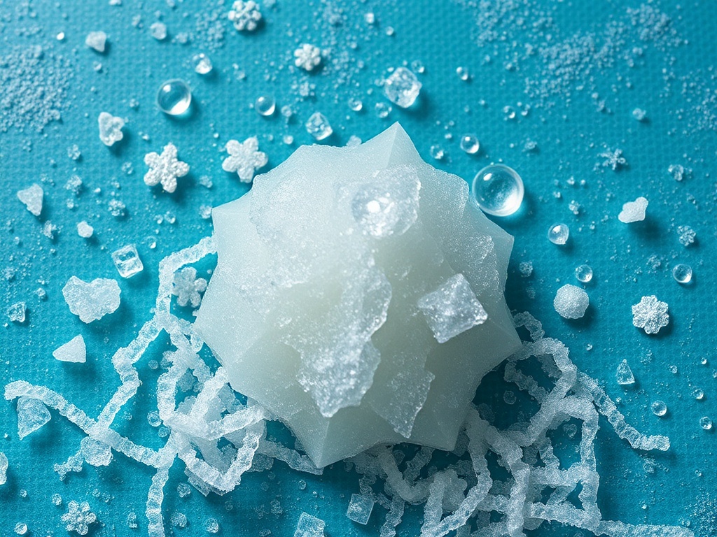 На синем фоне изображена свеча в форме снежинки, окруженная кристаллами льда и пузырьками воды.