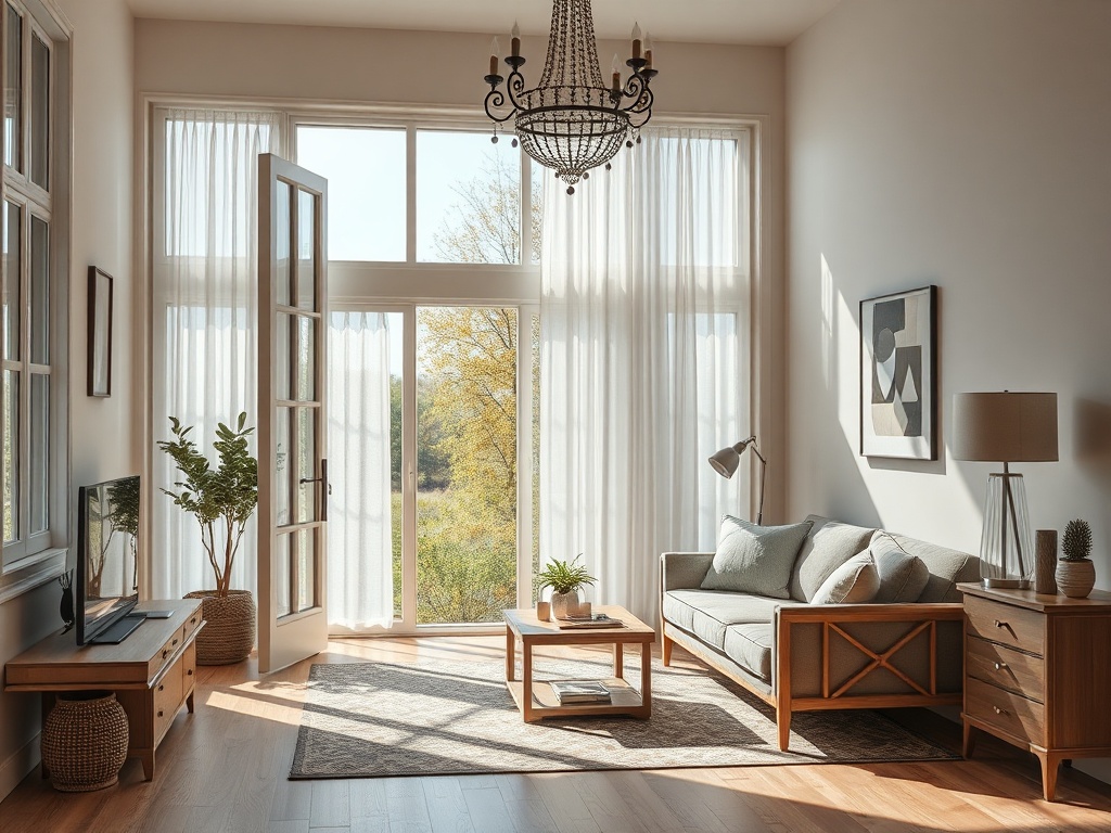 Светлая гостиная с большим окном, уютной мебелью и растениями, создающая атмосферу уюта и комфорта.