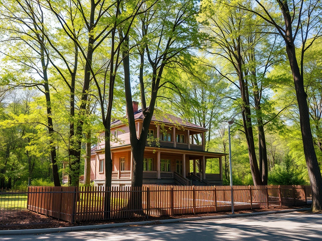 Дом на фоне зелёных деревьев и яркого неба, окружённый деревянным забором. Весенний пейзаж.