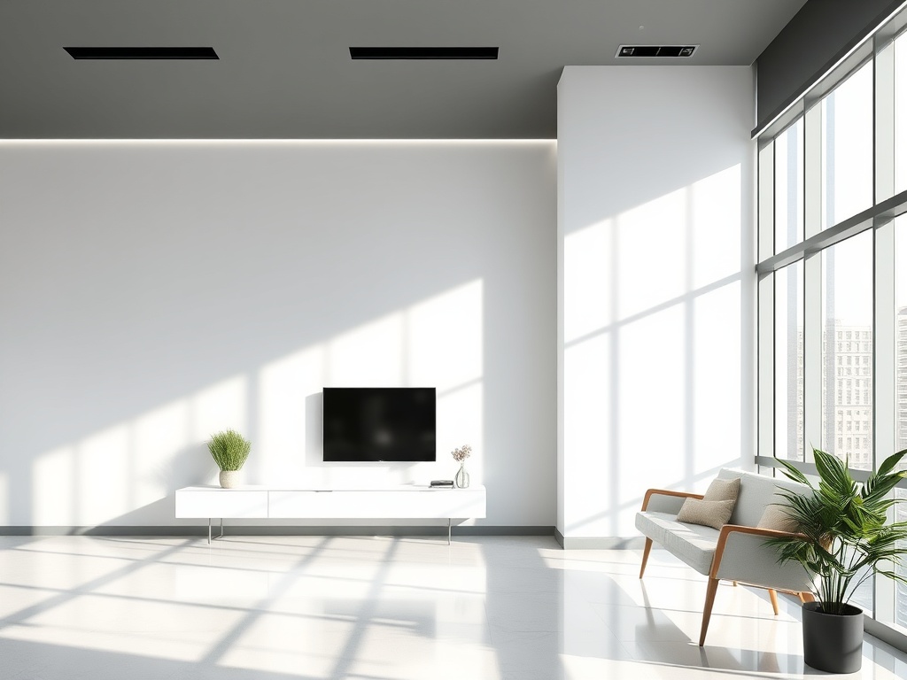 Современный светлый интерьер с диваном, телевизором и зелёными растениями, яркий солнечный свет.