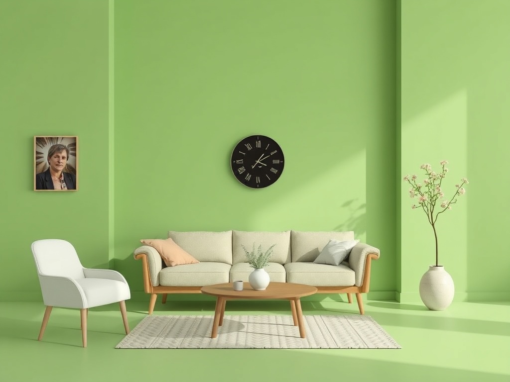 Современный интерьер: зеленые стены, светлый диван, часы, кресло и вазон с растением.