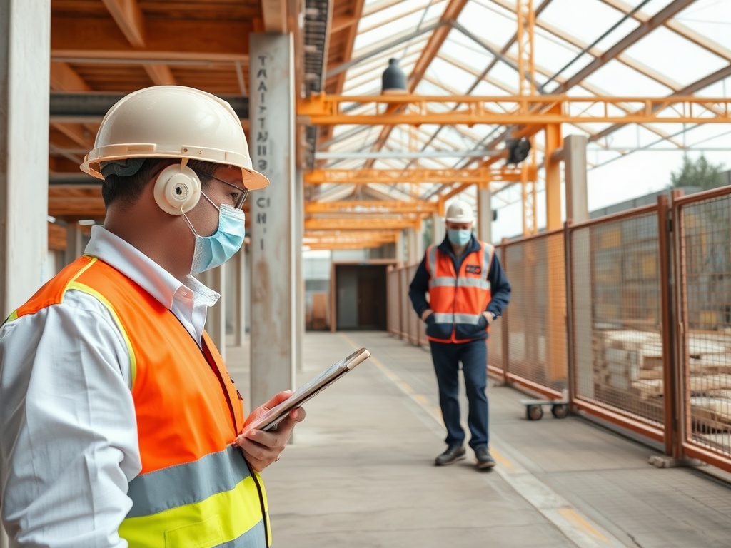 Рабочие в защитной одежде на стройплощадке. Один смотрит на планшет, другой наблюдает за процессом.