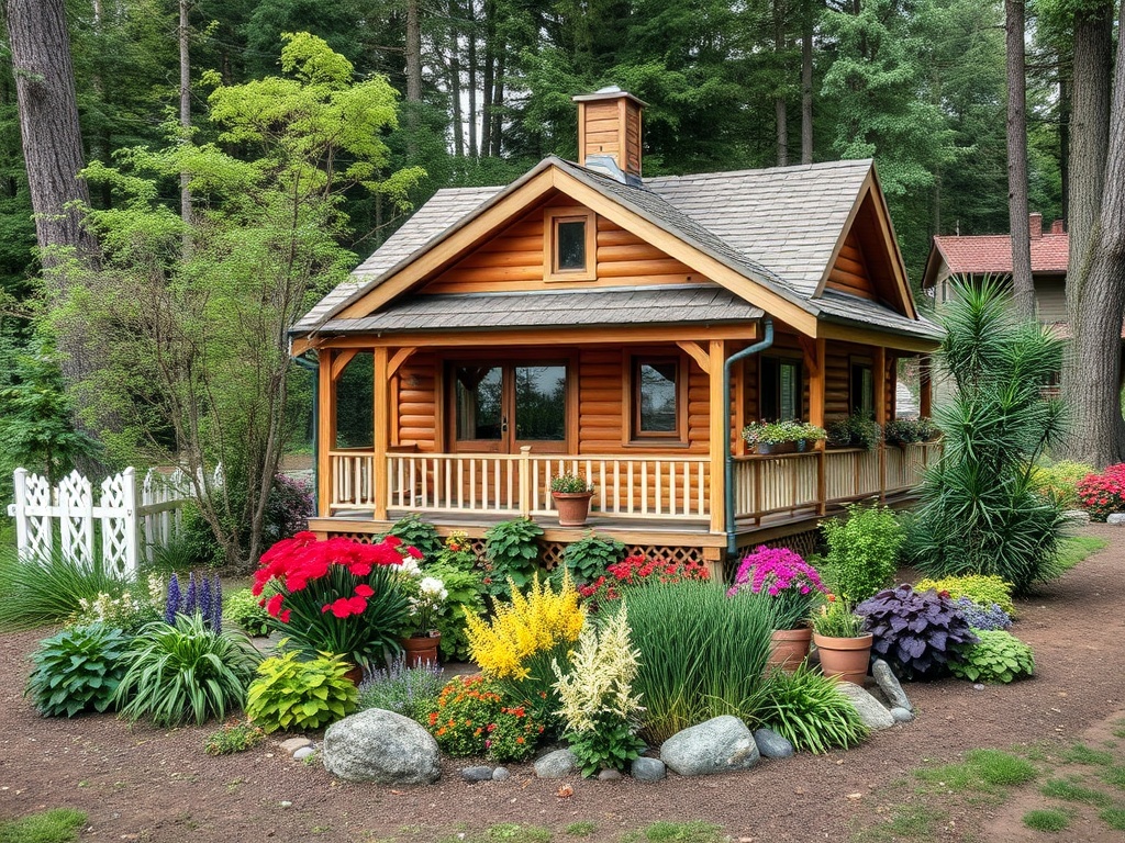Красивый деревянный дом с цветами и зелеными растениями на фоне леса. Уютная обстановка и природная красота.