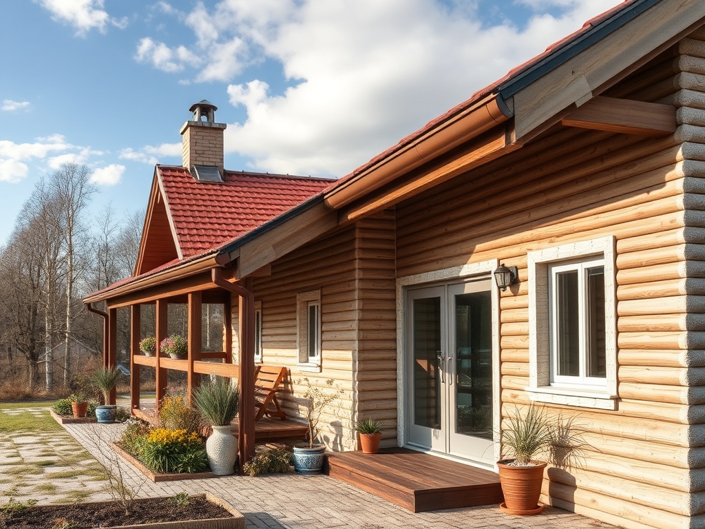 Современный дом из бруса с красной крышей и террасой, окружённый зеленью и цветами.