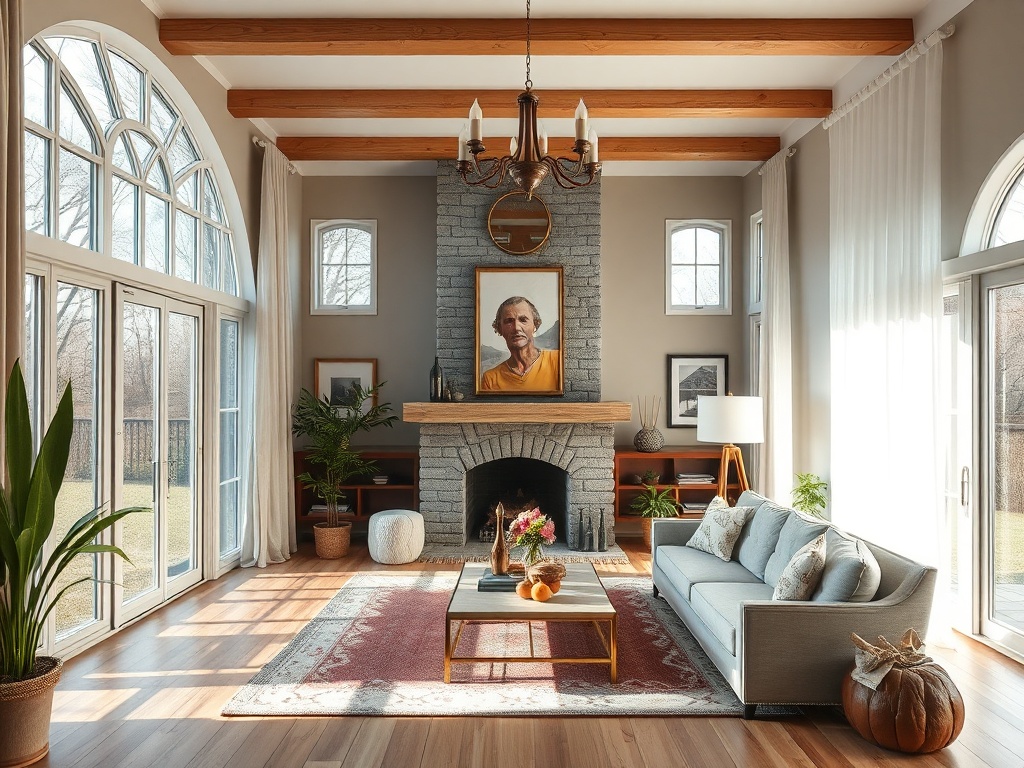 Современный уютный зал с камином, большими окнами и картинами на стенах. Светлые тона и зелёные растения.