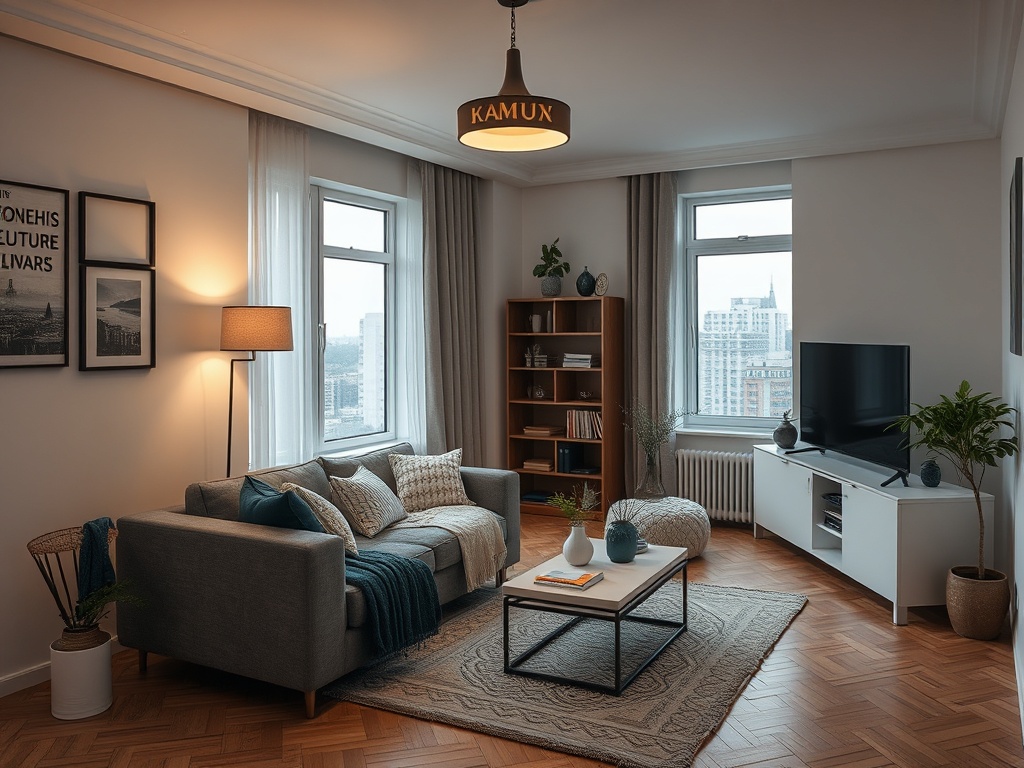 Современная гостиная с серым диваном, телевизором и книжным шкафом, из окна виден город.