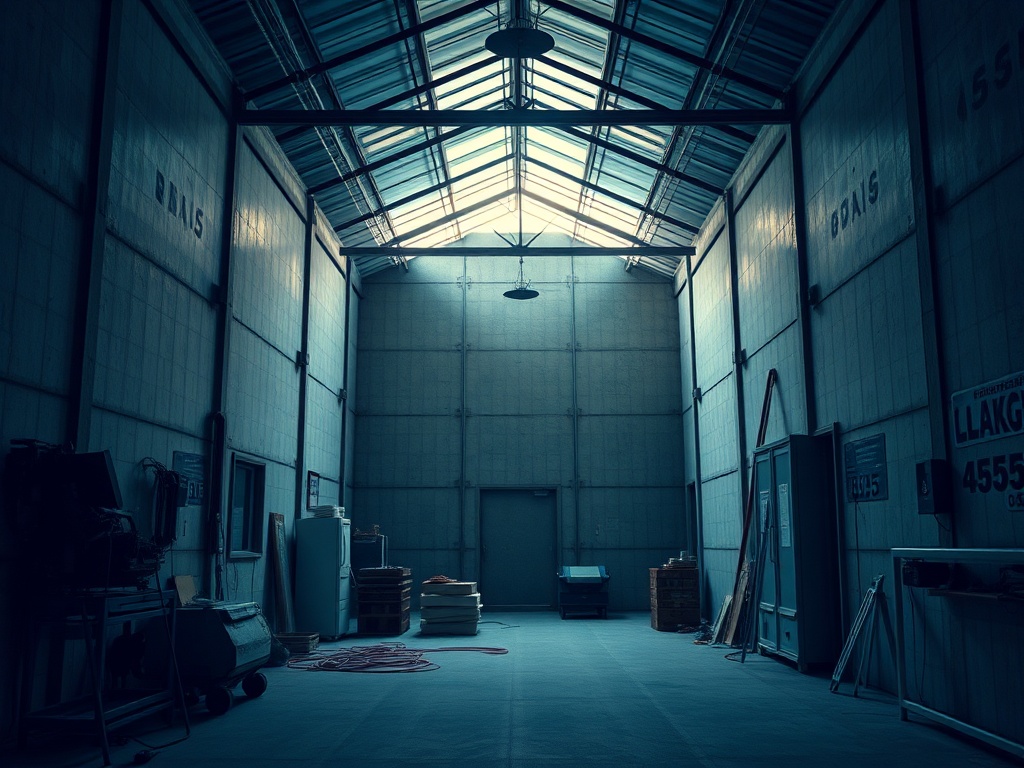 Пустое пространство с высокими ceilings, освещенное сверху, с различным оборудованием и предметами вокруг.