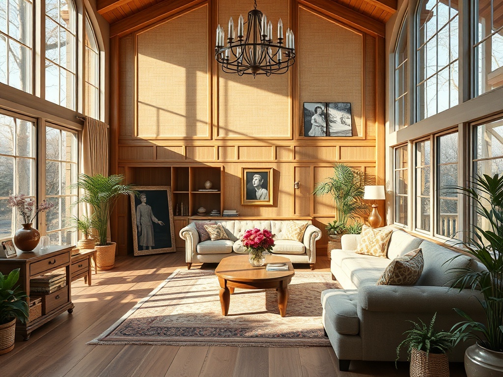 Уютная комната с большими окнами, деревянными стенами и мягкой мебелью, украшенная растениями и картинами.