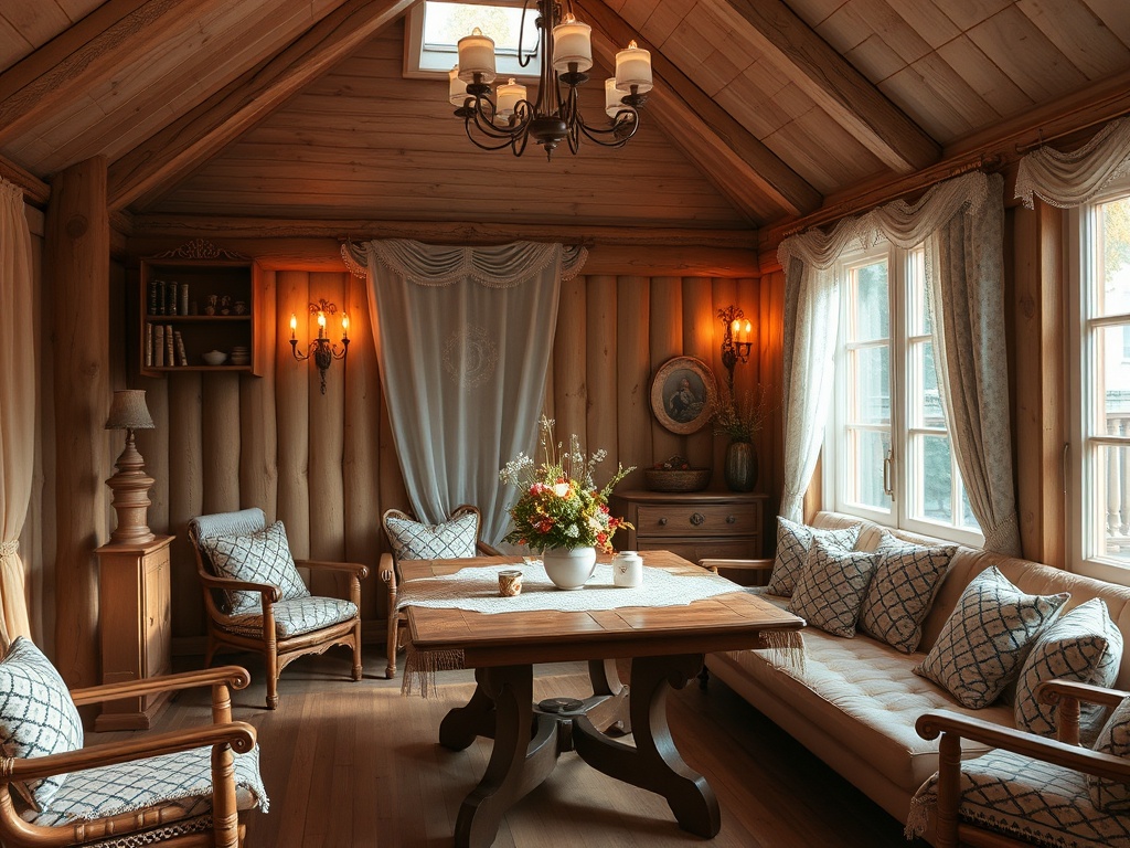 Уютная комната с деревянными стенами, мебелью из дерева и свежими цветами на столе. Теплая атмосфера.