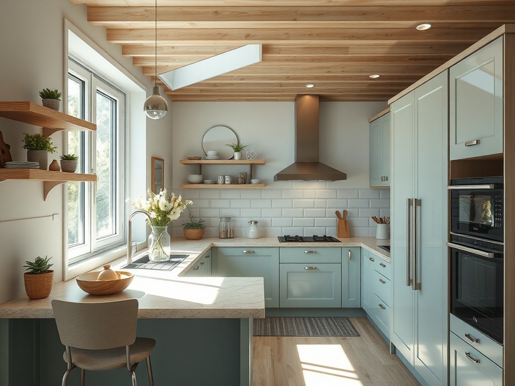 Современная кухня с деревянными панелями, светло-зелеными шкафами и большими окнами. Пространство наполнено светом.