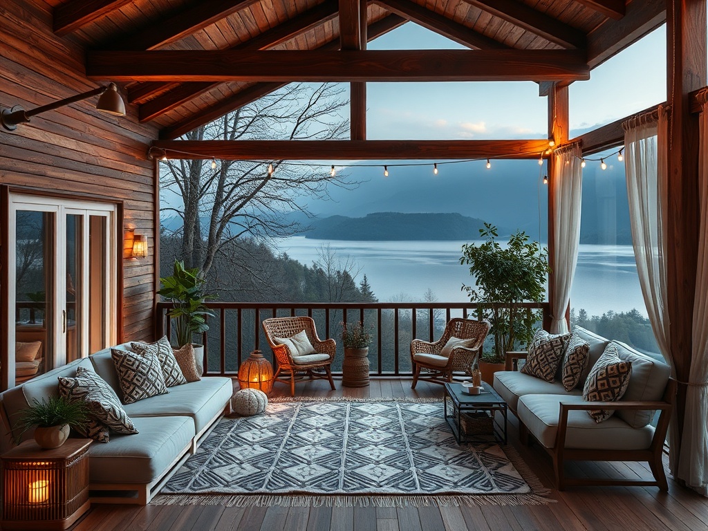 Уютная веранда с мягкой мебелью и видом на озеро в тихий вечер. Деревянные детали и теплый свет создают атмосферу.