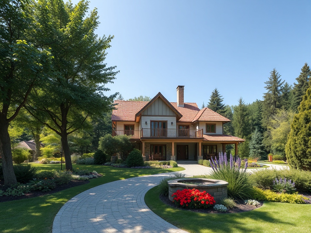 Современный загородный дом с ухоженным садом и красивой аллеей, окружённый зелёными деревьями.