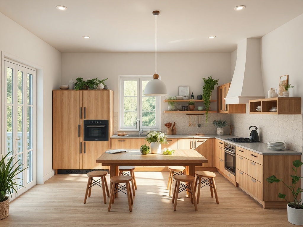 Современная кухня с деревянной мебелью, светлым интерьером и растениями на окнах. Стол и стулья в центре.