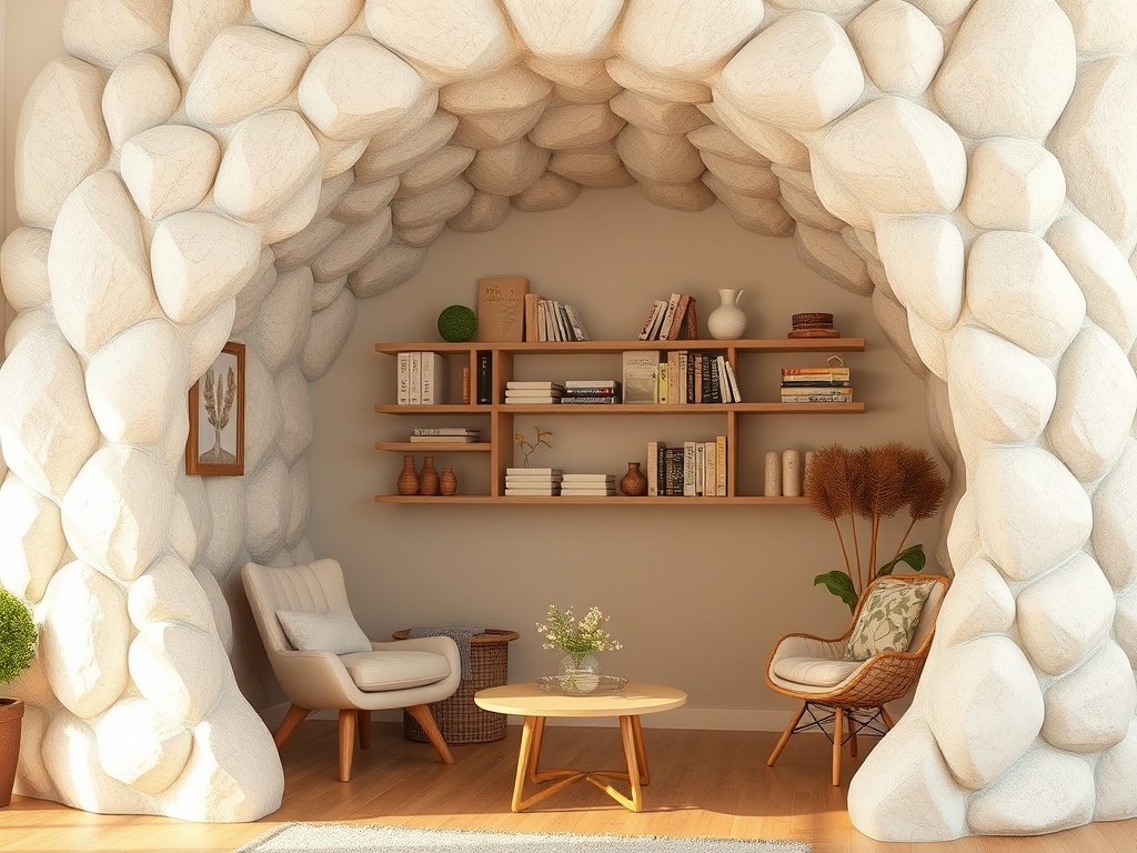 Уютный уголок с оригинальной каменной стеной и книжными полками, двумя креслами и круглым столом.