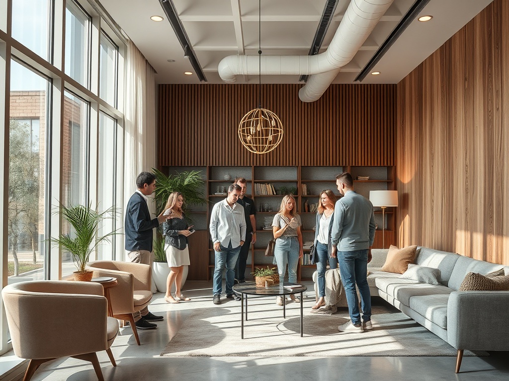 Группа людей общается в стильном современном офисе с большими окнами и уютной мебелью.