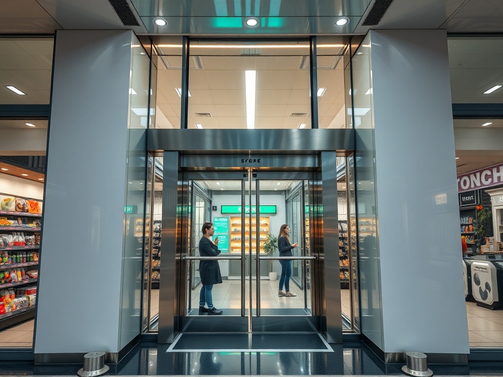 Две женщины стоят у стеклянных дверей магазина с закусками в современном здании. Яркое освещение.