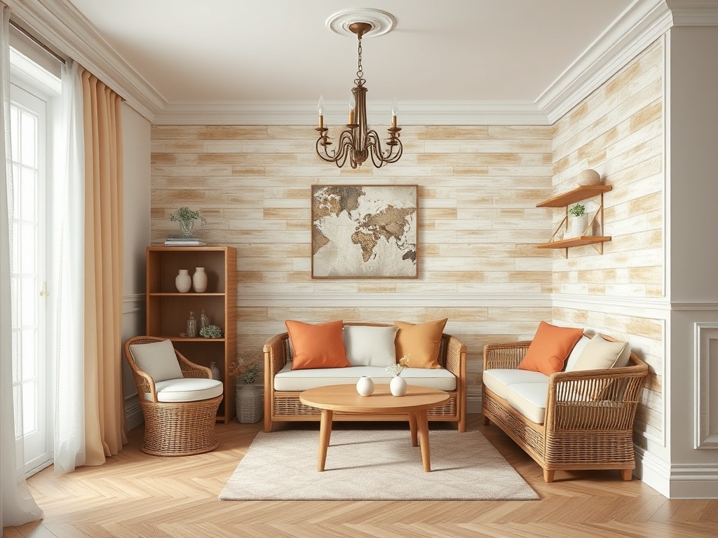 Современный уголок с плетёной мебелью, светлыми тонами и картой мира на стене. Уют и стиль.