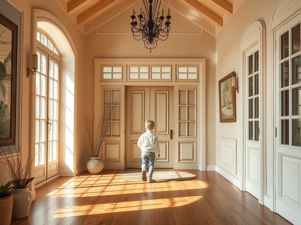 На изображении светлый холл с ребенком, идущим к двери, много окон и стильные декорации.