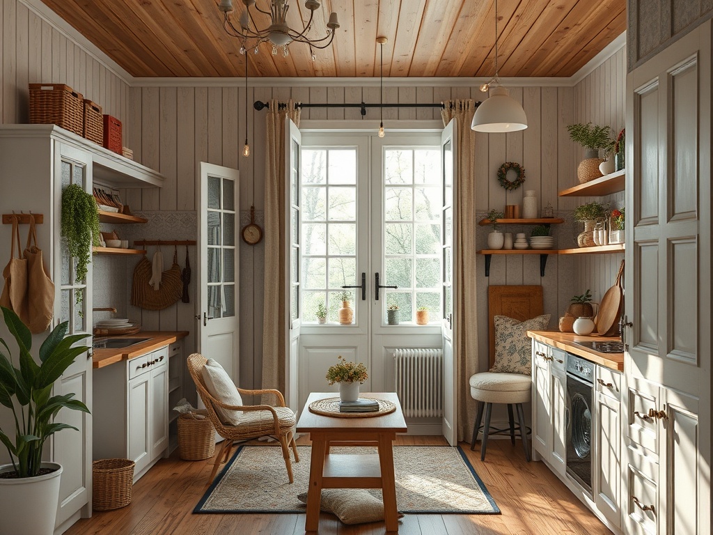 Светлая кухня с деревянным потолком, окнами и уютной мебелью, наполненная зеленью и стильными аксессуарами.