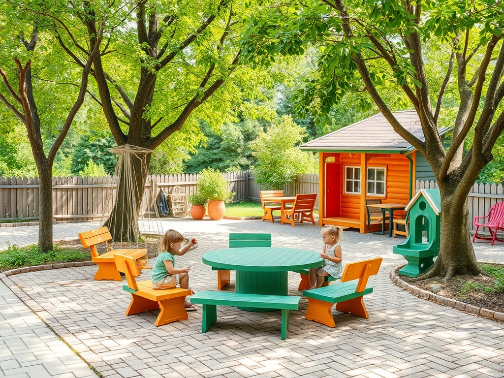 Две девочки играют за зеленым столом на открытой площадке с яркими деревьями и домиком.