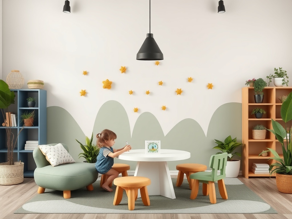 В уютной детской комнате девочка играет за круглым столом у стены с декоративными звёздами.