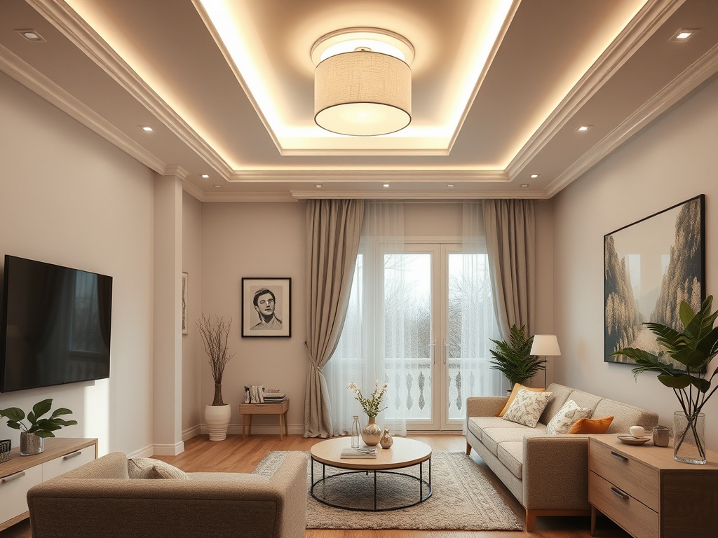 Недорогая гостиная с мягкой мебелью, телевизором и большими окнами, оформленная в светлых тонах.