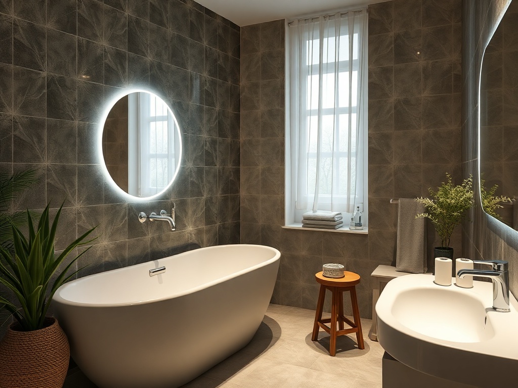 Современная ванная комната с ванной, круглым зеркалом и растением в углу. Светлые тона и уютная атмосфера.