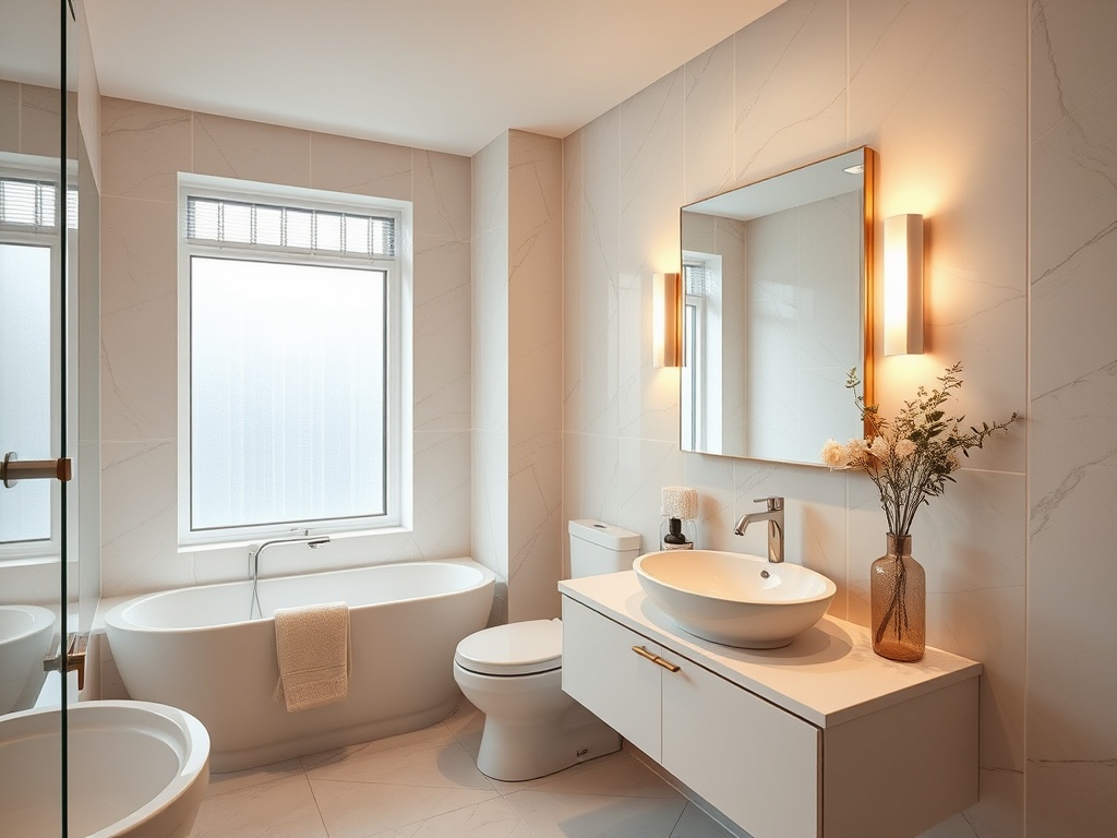 Современная ванная комната с белыми плитками, ванной, раковиной и окном, оформленная в светлых тонах.