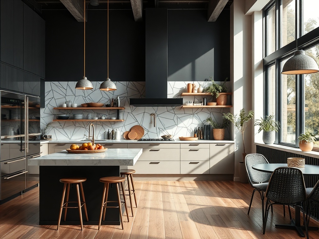 Современная кухня с черными и светлыми элементами, большими окнами и стильной мебелью.