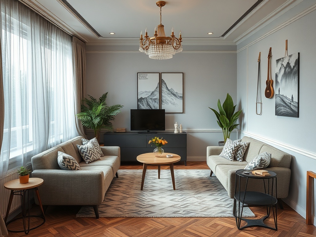 Современный уютный салон с двумя диванами, телевизором, растениями и стильными decor-элементами.