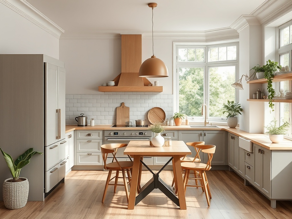 Светлая кухня с деревянной мебелью, большими окнами и растениями на полках. Столик для еды в центре.