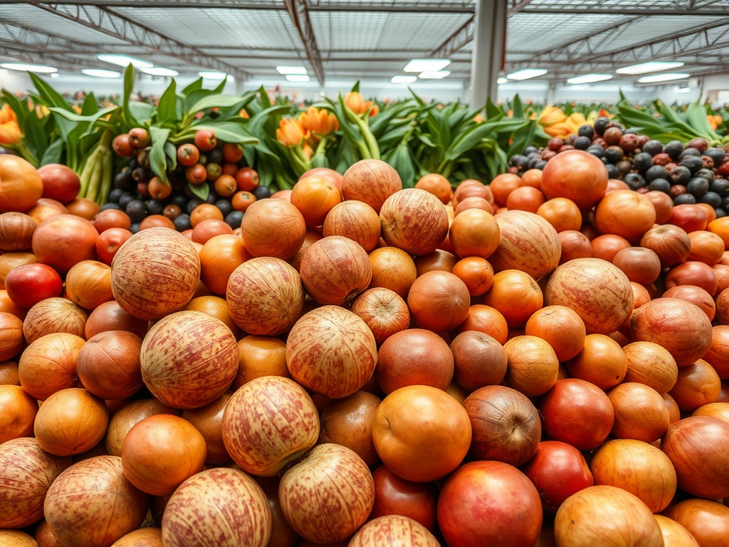 На фото много разноцветных яблок, среди которых видны цветы тюльпанов на заднем плане.